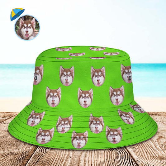 Personalised photo face bucket hat in green – front view of custom fisherman hat with edge-to-edge photo printing for summer sun protection