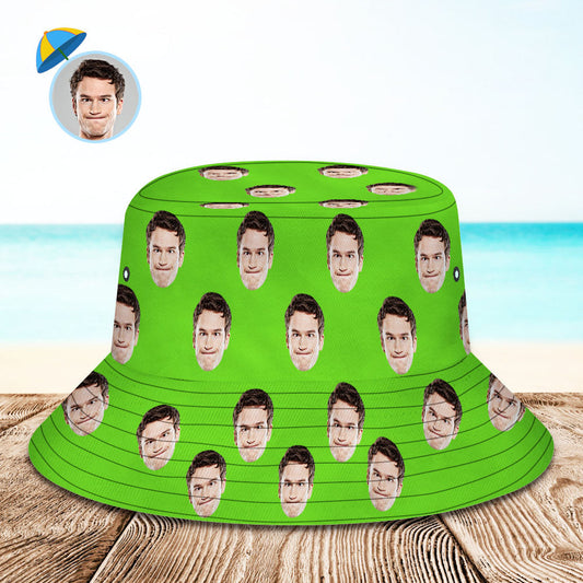 Personalised photo face bucket hat in green – front view of custom fisherman hat with edge-to-edge photo printing for summer sun protection