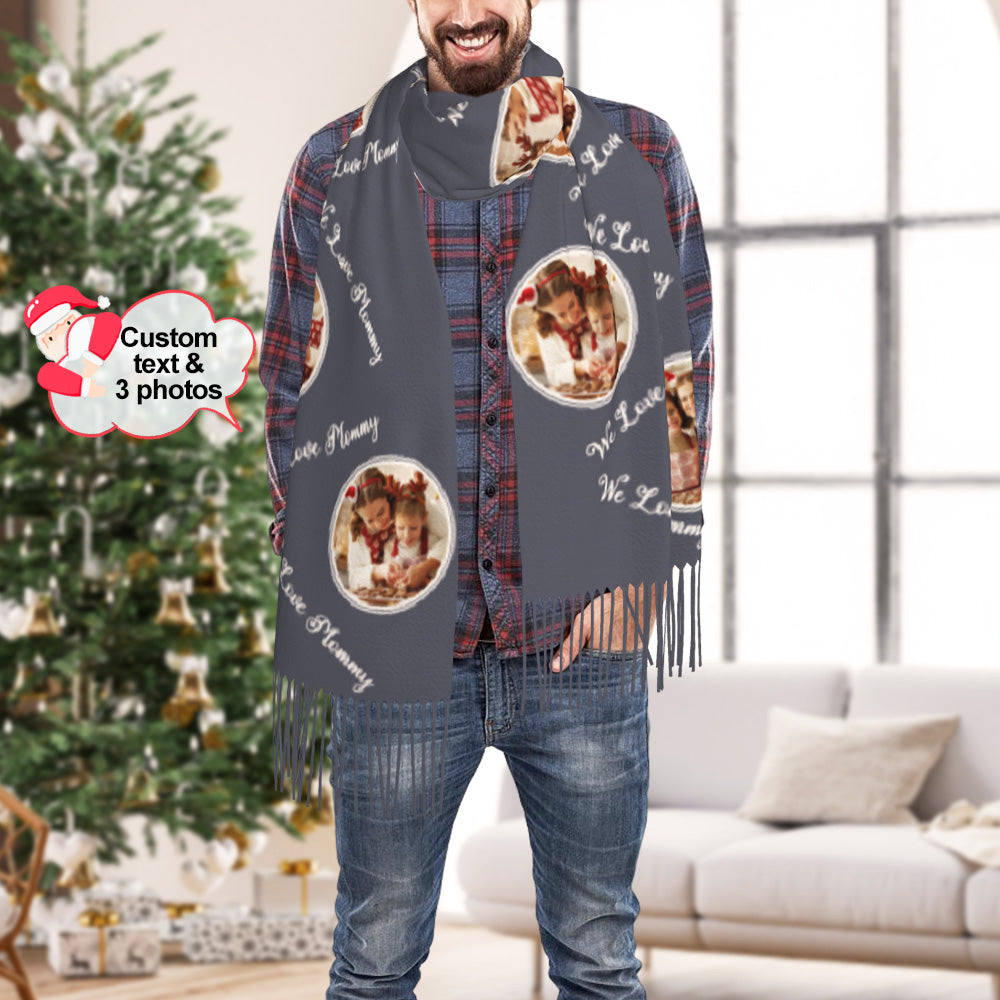Custom Unisex Faux Cashmere Scarf personalised photo fringe shawl draped on shoulders, soft 72 x 197 cm, ideal personalised gift