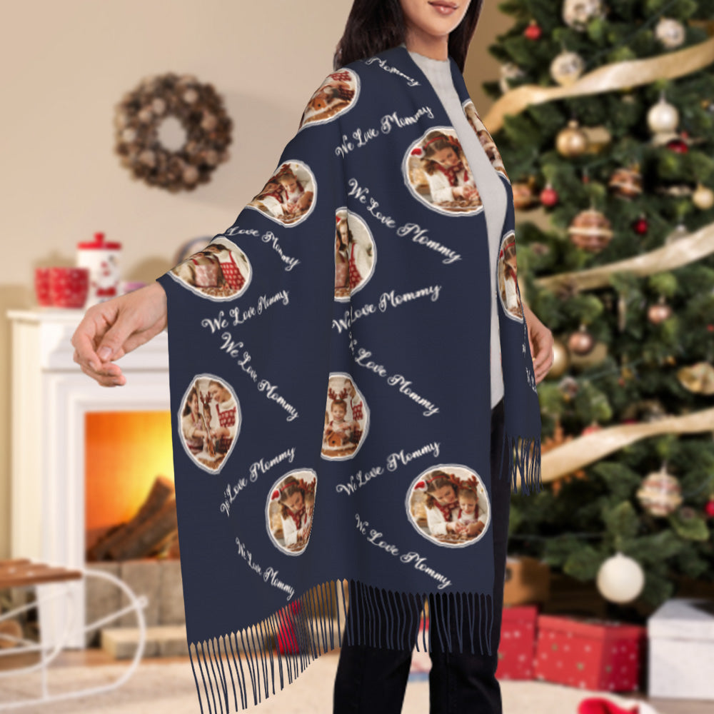 Folded personalised photo scarf highlighting heat-transfer print quality and precise wrap-edge alignment