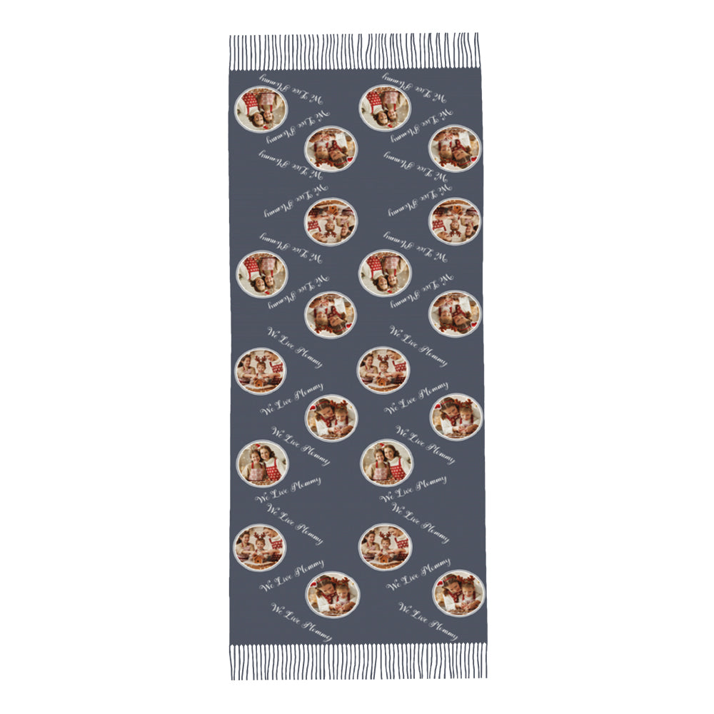 Customisation guide image: upload up to three photos and add personalised text to create your faux cashmere scarf