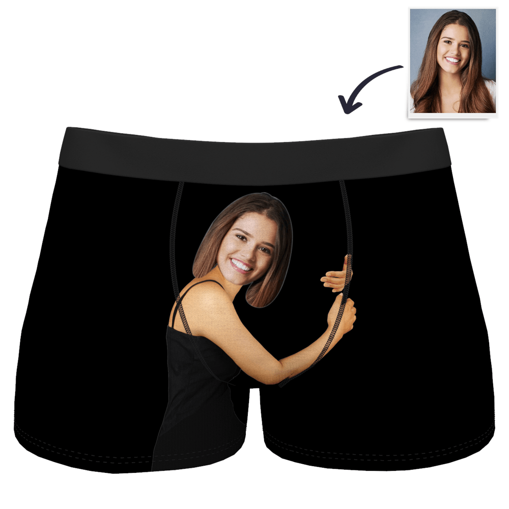 Lifestyle mockup of personalised Girlfriend Hugs boxers showcasing printed design — perfect personalised Christmas present for husband or boyfriend