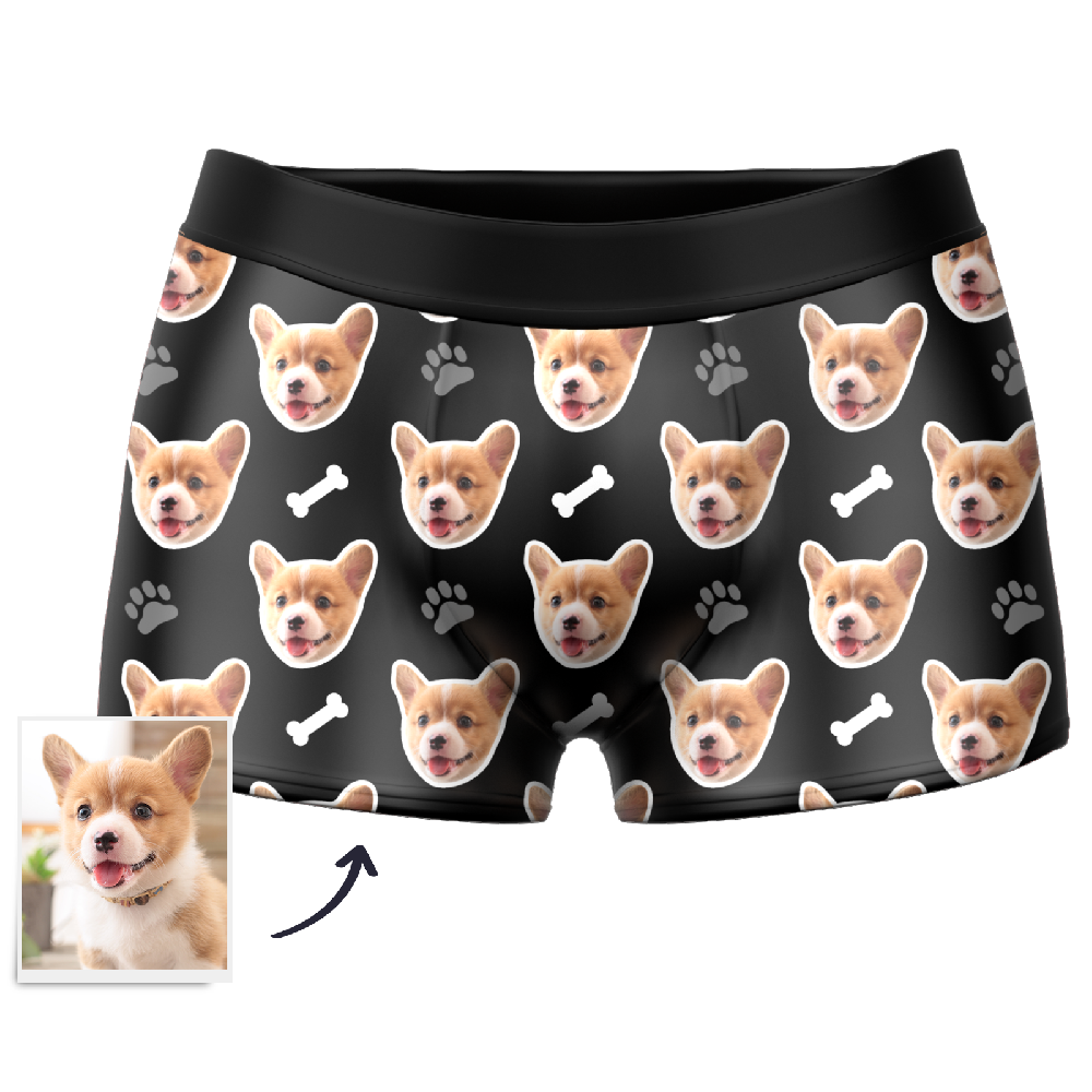 Gift presentation of personalised dog-face boxer briefs – humorous and sentimental personalised underwear gift for him, dad or groomsmen