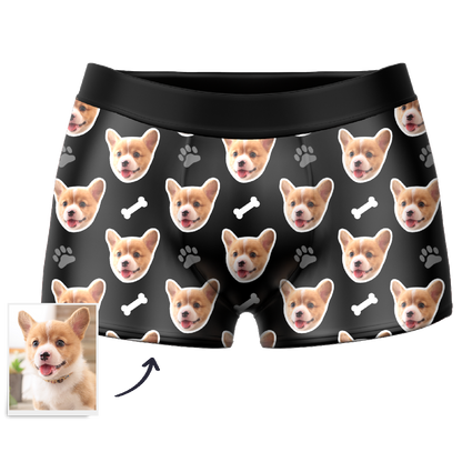 Gift presentation of personalised dog-face boxer briefs – humorous and sentimental personalised underwear gift for him, dad or groomsmen