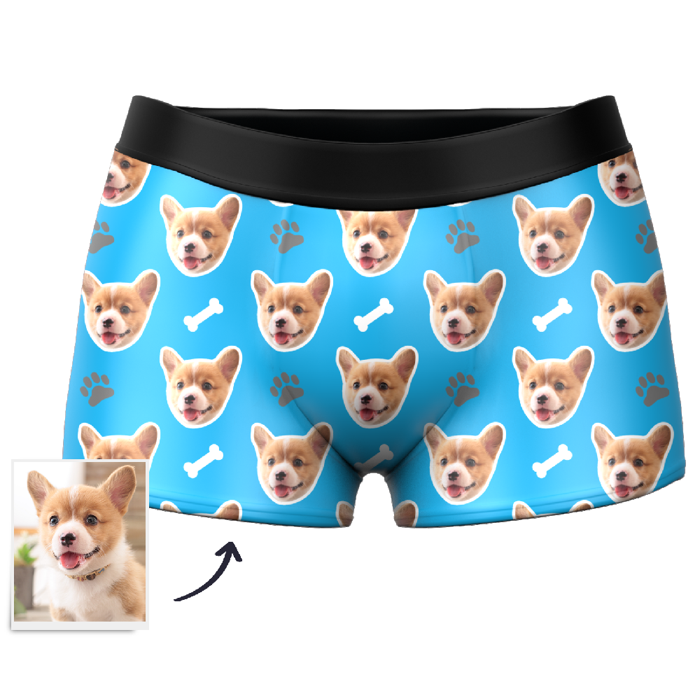 Black personalised men's boxer briefs with custom dog face print – personalised photo gift, durable heat transfer print