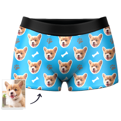 Black personalised men's boxer briefs with custom dog face print – personalised photo gift, durable heat transfer print