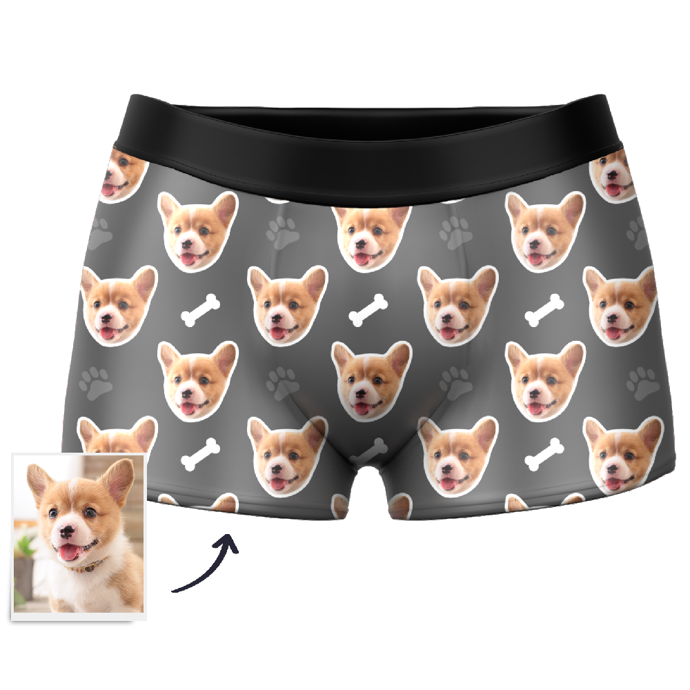 Model wearing personalised dog-face boxer briefs – personalised men's boxer briefs showing snug fit and support