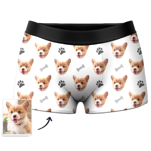 White personalised men's boxer briefs with custom dog face print on front – custom dog face boxers with online preview