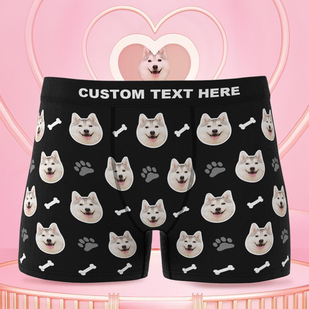 White personalised men's boxer briefs with custom dog face print on front – custom dog face boxers with online preview