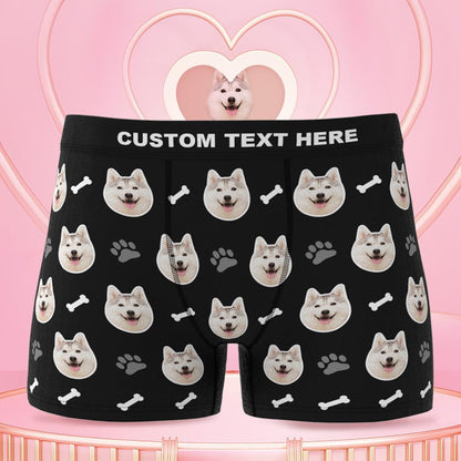 White personalised men's boxer briefs with custom dog face print on front – custom dog face boxers with online preview