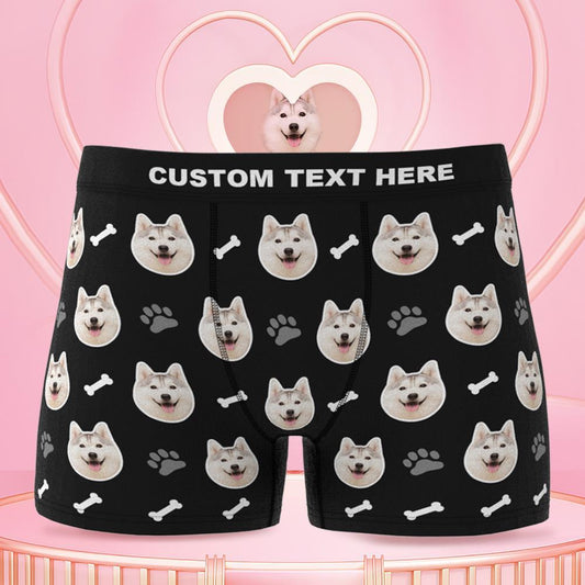 White personalised men's boxer briefs with custom dog face print on front – custom dog face boxers with online preview