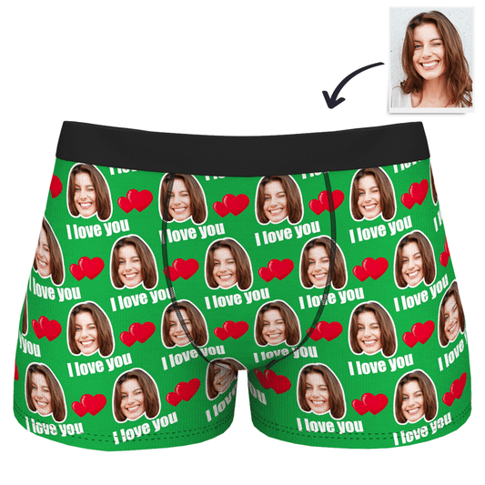Personalised 'I Love You' men's boxer shorts in green with custom photo-face waistband – personalised underwear gift for him