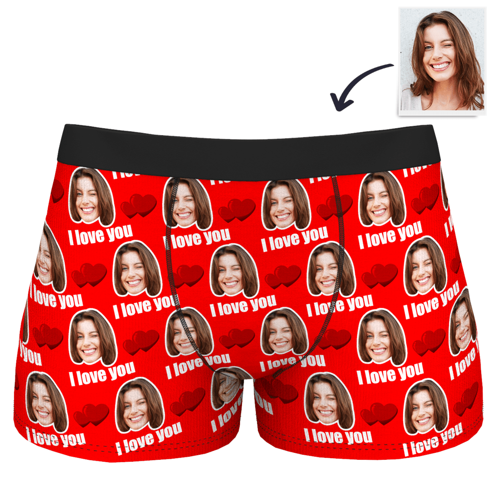 Personalised I Love You men's boxer shorts in blue featuring a bespoke photo-face waistband – perfect personalised photo underwear present