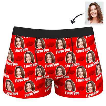 Personalised I Love You men's boxer shorts in blue featuring a bespoke photo-face waistband – perfect personalised photo underwear present