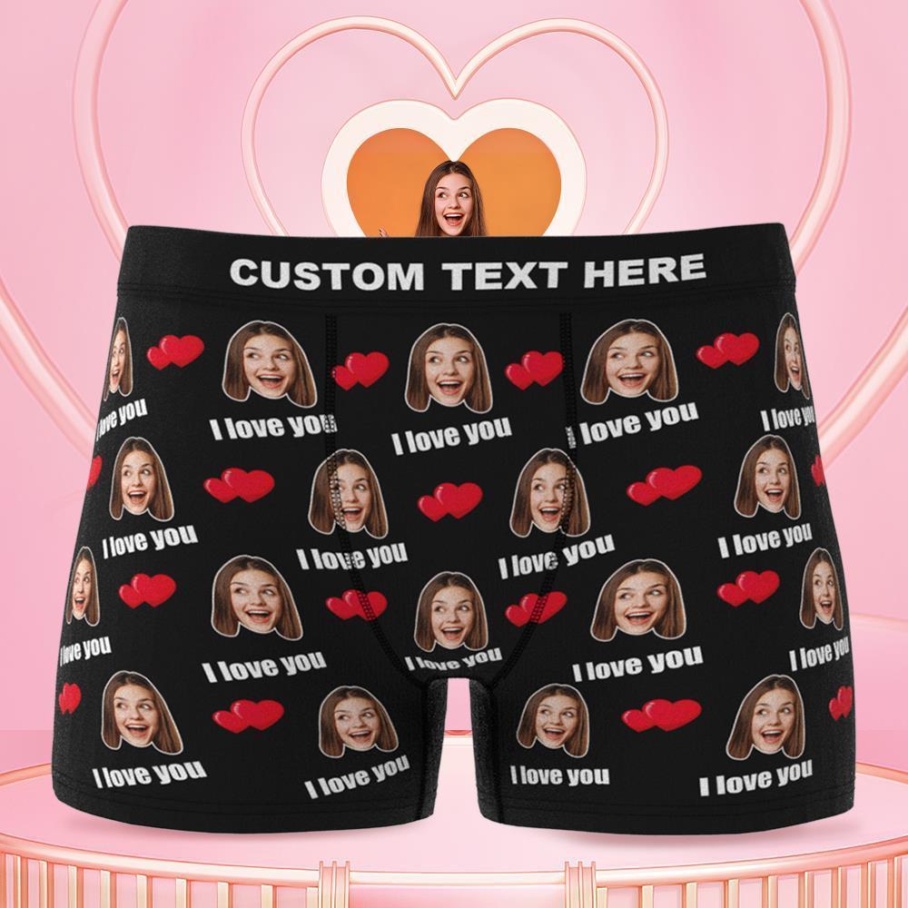 Model wearing personalised I Love You men's boxers to show fit and supportive elastic waistband – soft stretch fabric, custom photo underwear