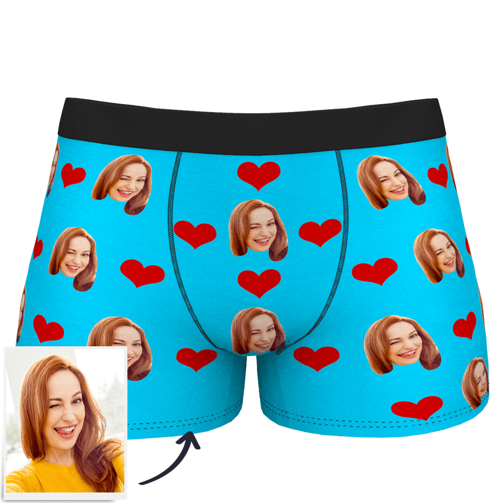 Close-up of full-colour print — high-resolution personalised face detail on heart-face custom boxer, colours that won’t fade