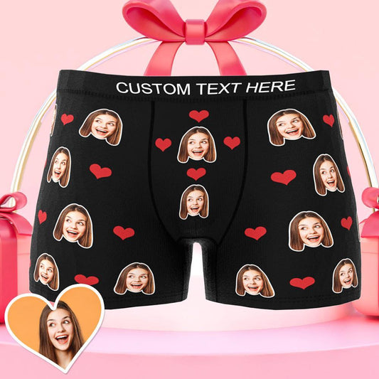 Custom Heart Face Boxer Briefs personalised men's underwear — front view with heart photo print, perfect Valentine's Day gift