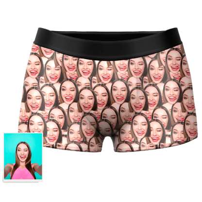 Front and back view of Face Mash personalised boxer shorts showing full-colour custom face print and comfortable elastic waistband – personalised photo gift