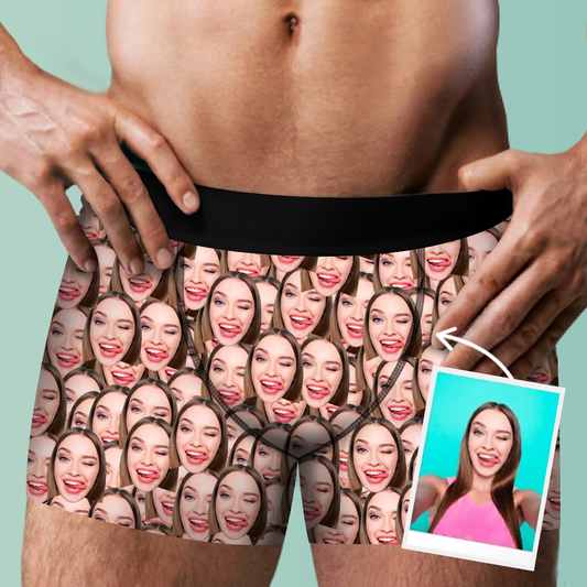 Face Mash custom face boxer shorts – bold high-definition face print on soft polyester fleece, personalised photo underwear perfect as a novelty gift