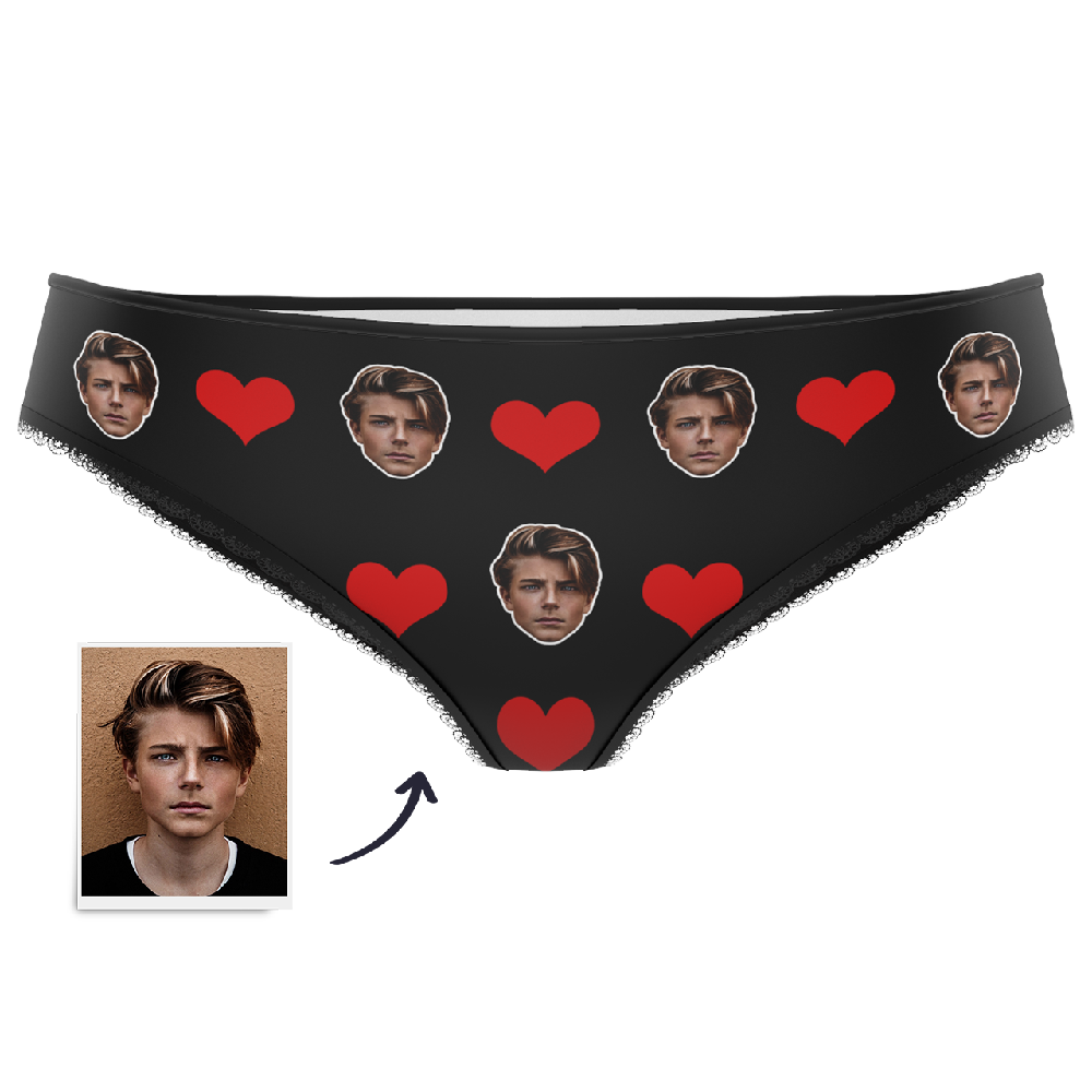 White heart knickers personalised with a cropped face — custom face underwear, comfortable elastic waistband, machine-washable
