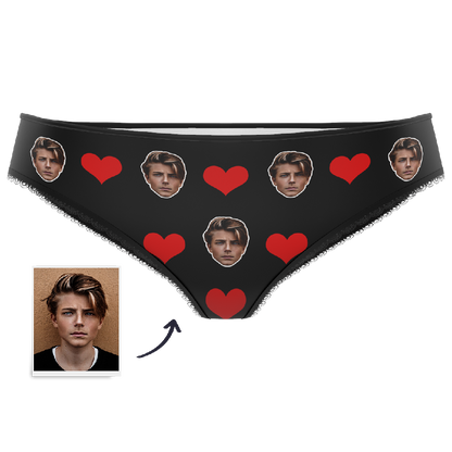 White heart knickers personalised with a cropped face — custom face underwear, comfortable elastic waistband, machine-washable