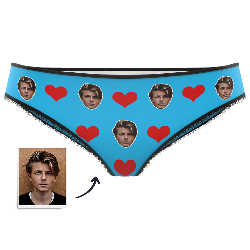 Black personalised heart knickers with uploaded face — ideal personalised Valentine's gift, fade-resistant vibrant print