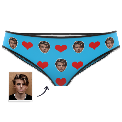 Black personalised heart knickers with uploaded face — ideal personalised Valentine's gift, fade-resistant vibrant print