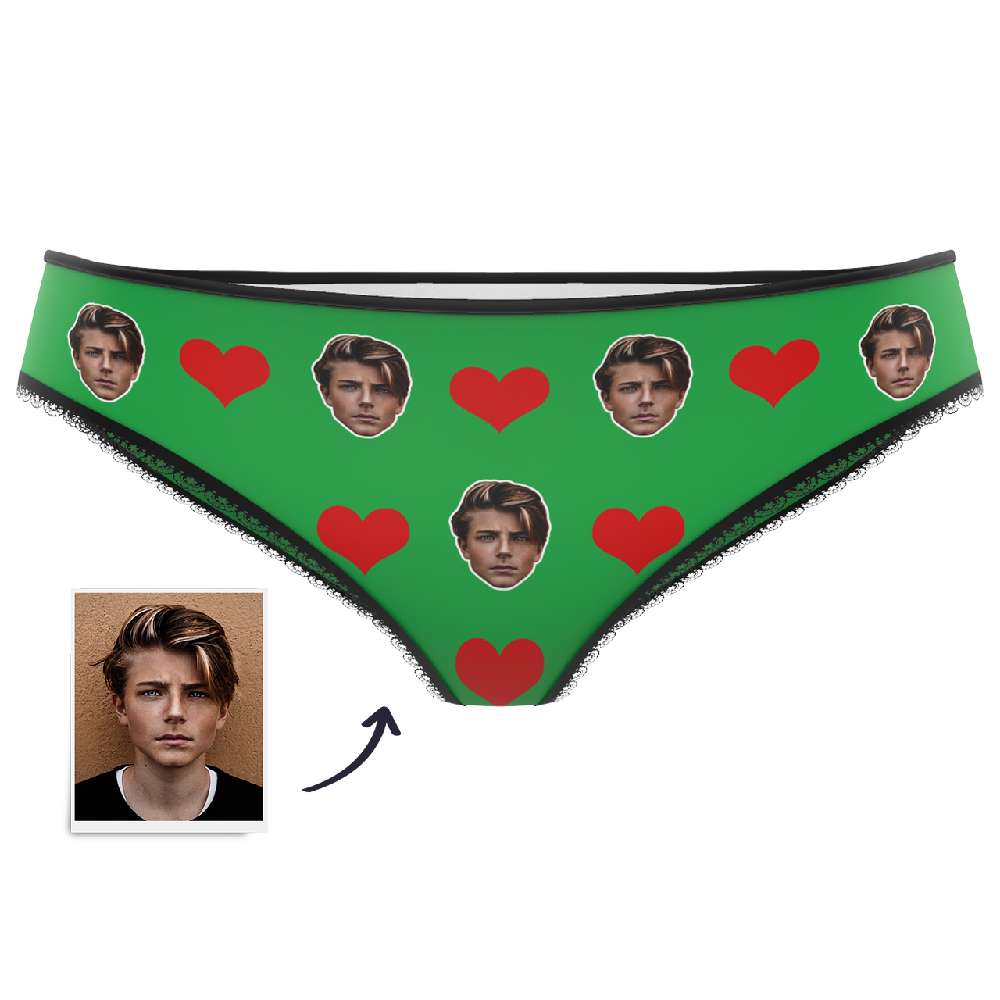Red heart knickers colour option personalised with a face — custom Valentine's underwear with soft elastic waistband and vibrant print