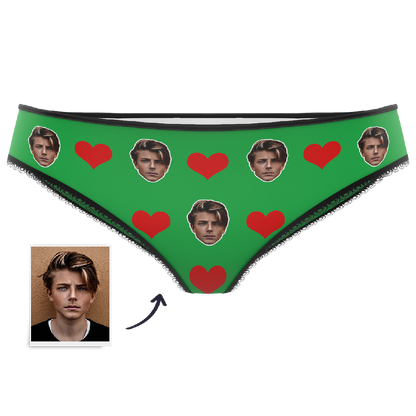 Red heart knickers colour option personalised with a face — custom Valentine's underwear with soft elastic waistband and vibrant print