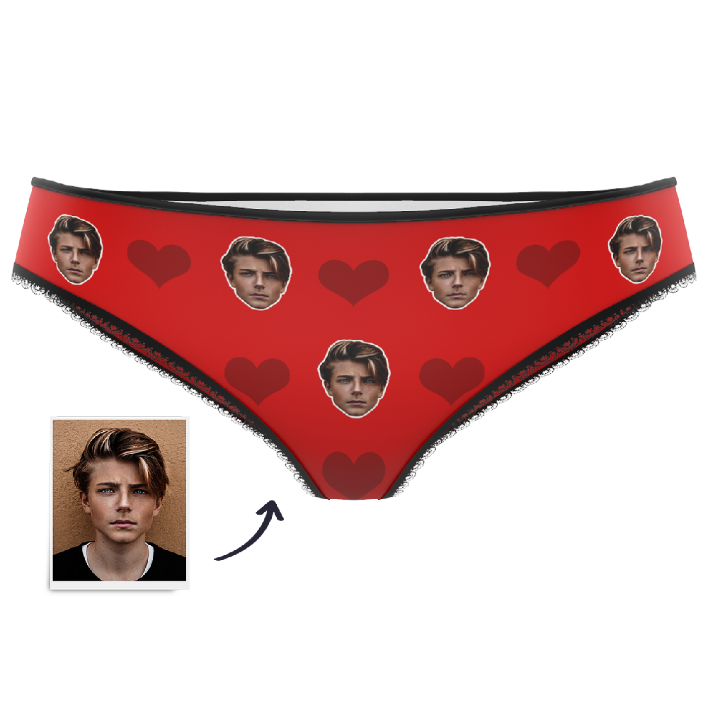Blue heart-print personalised knickers showing a custom face — novelty personalised face gift for her or him with cosy polyester finish