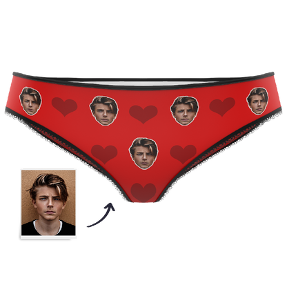 Blue heart-print personalised knickers showing a custom face — novelty personalised face gift for her or him with cosy polyester finish