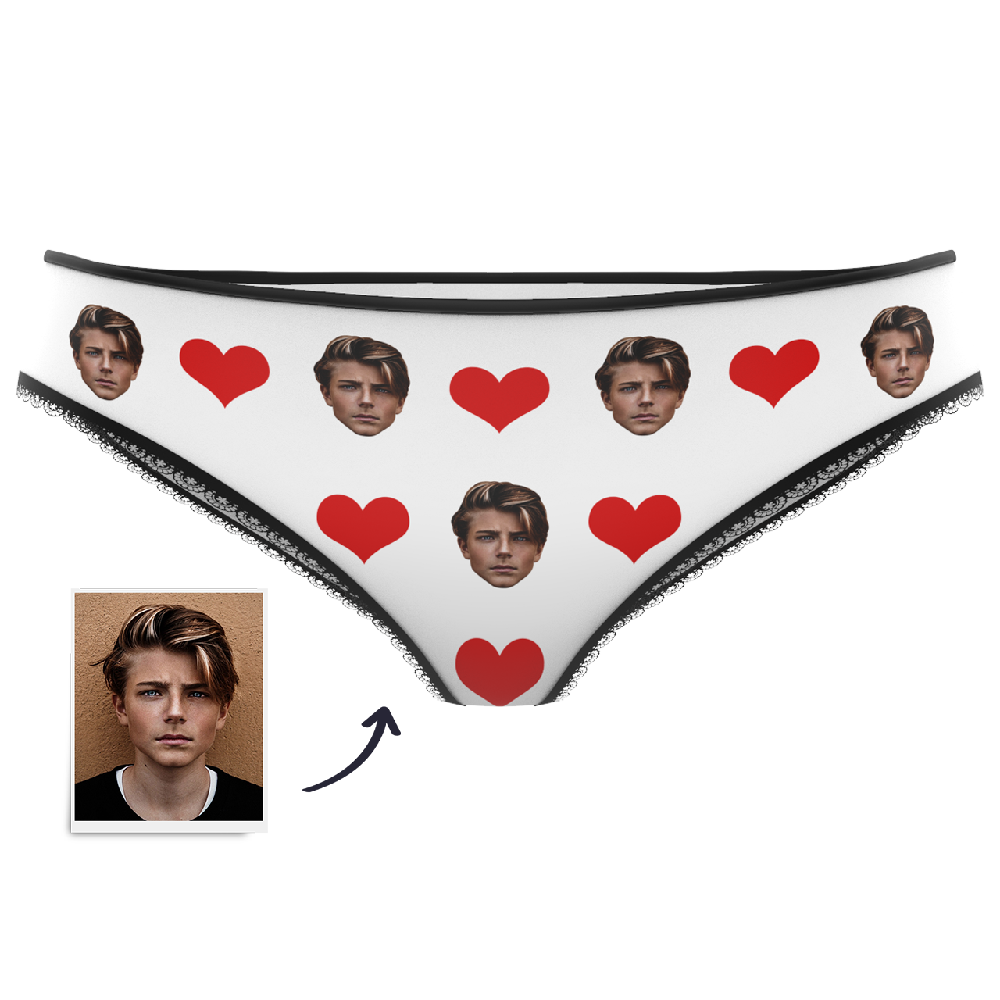 Valentine's Day heart-print knickers featuring a custom face — personalised photo gift with high-definition vibrant print on soft polyester fleece
