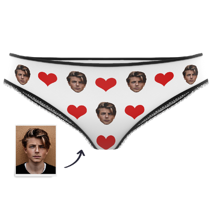 Valentine's Day heart-print knickers featuring a custom face — personalised photo gift with high-definition vibrant print on soft polyester fleece