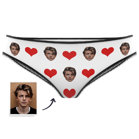 Valentine's Day heart-print knickers featuring a custom face — personalised photo gift with high-definition vibrant print on soft polyester fleece