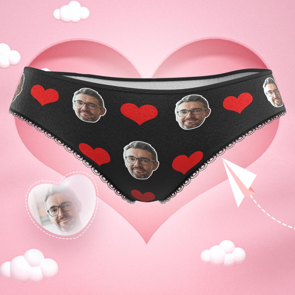 Valentine's Day heart-print knickers featuring a custom face — personalised photo gift with high-definition vibrant print on soft polyester fleece