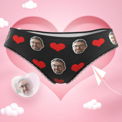 Valentine's Day heart-print knickers featuring a custom face — personalised photo gift with high-definition vibrant print on soft polyester fleece