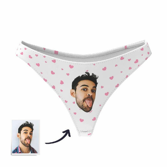 Front view of personalised face thong with custom photo and little heart motif — low-waist women's panties, 6 colours available, perfect gift for her