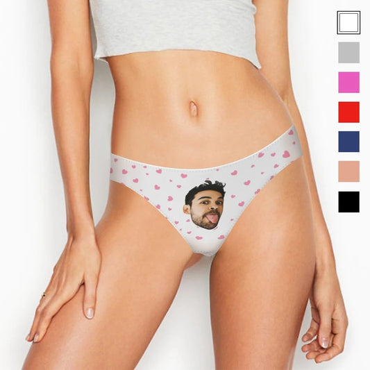 Front view of personalised face thong with custom photo and little heart motif — low-waist women's panties, 6 colours available, perfect gift for her