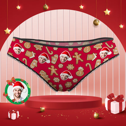 Personalised Face Panties – Christmas Cookies style lace custom photo underwear for women, printed cut-out portrait on soft brief