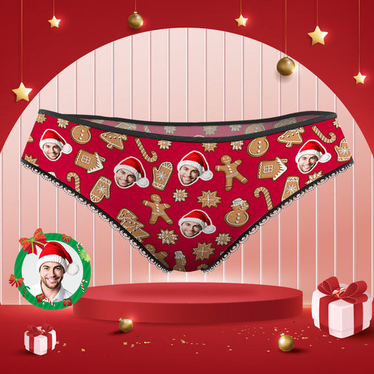 Personalised Face Panties – Christmas Cookies style lace custom photo underwear for women, printed cut-out portrait on soft brief
