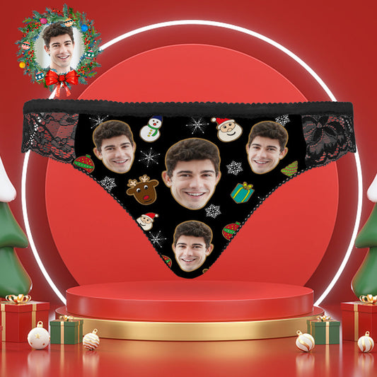 Personalised photo lace panties with a custom-printed face on the front, soft stretch polyester and elastic waistband — quirky personalised women's underwear, ideal Christmas gift for friends in the UK and Australia