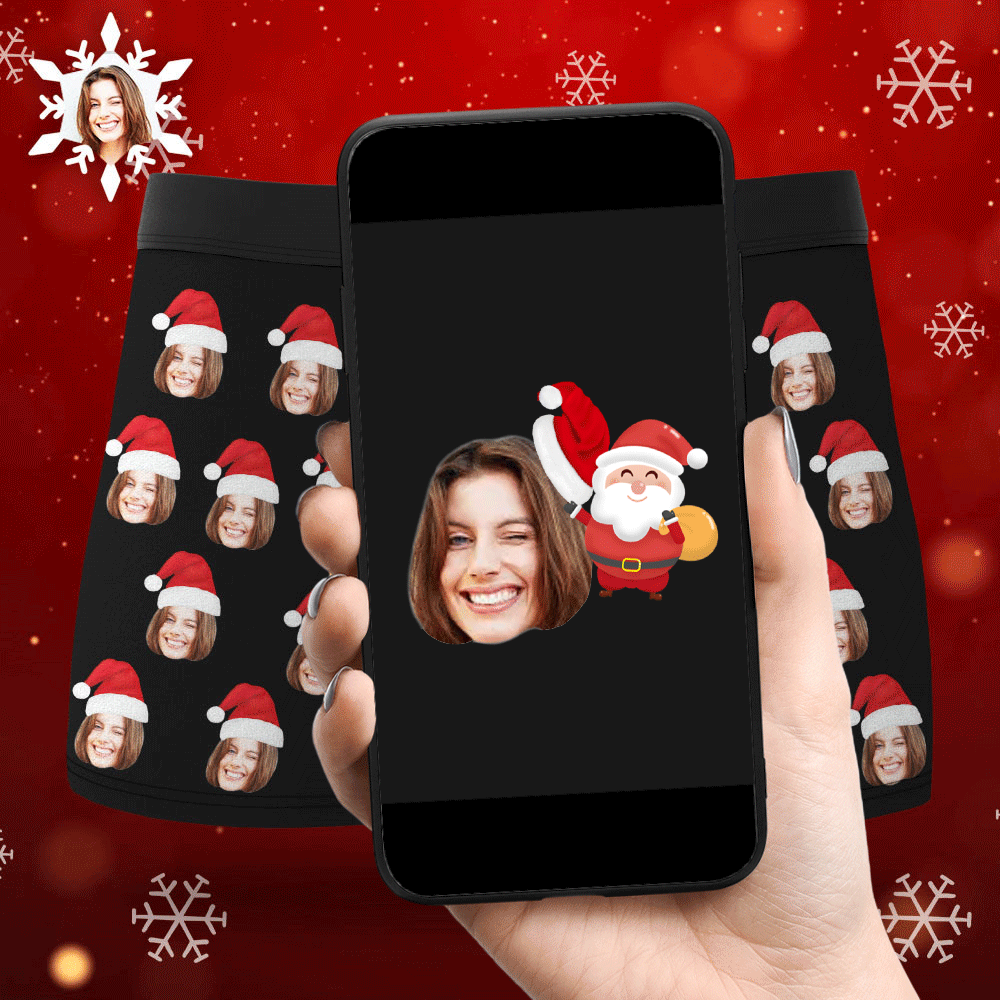 Model wearing personalised face boxers with Christmas hat — custom photo boxers for men, styled view