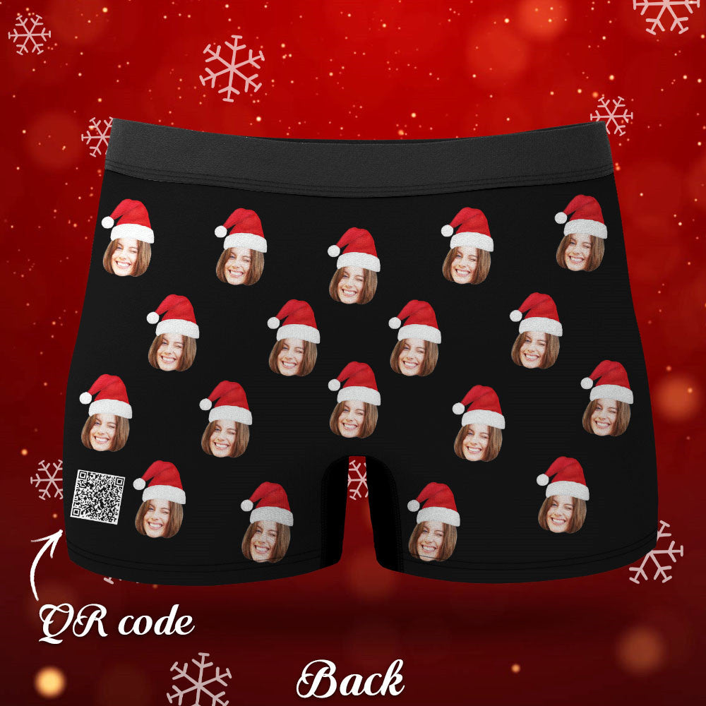 Flat lay personalis ed face boxers showing waistband and Santa hat design — novelty Christmas underwear gift
