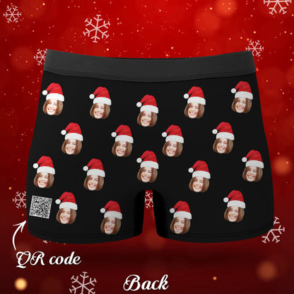Flat lay personalis ed face boxers showing waistband and Santa hat design — novelty Christmas underwear gift