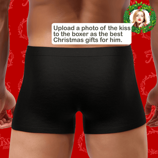Front view of personalised 'Girlfriend Hugs' boxer shorts with custom photo and text — cosy men's underwear, ideal Christmas gift for him