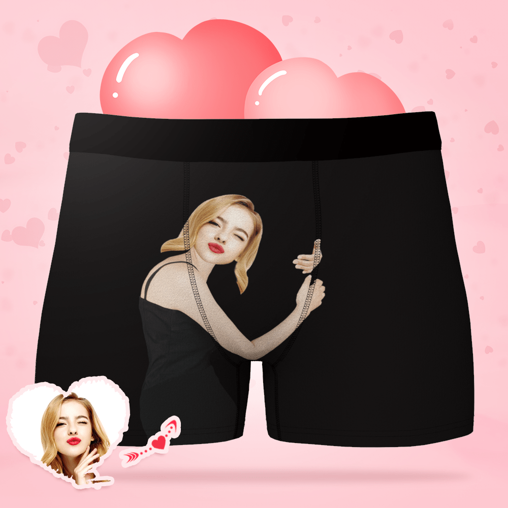 Back and side view of personalised Girlfriend Hugs boxer shorts showing waistband and fit — novelty stocking filler for him