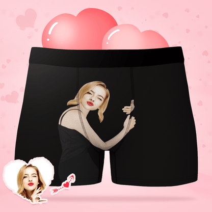 Back and side view of personalised Girlfriend Hugs boxer shorts showing waistband and fit — novelty stocking filler for him