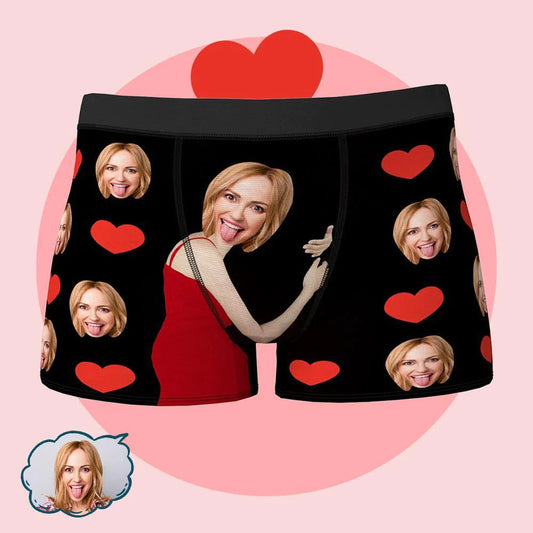 Personalised face boxer shorts with love-heart design — custom funny anniversary gift for him