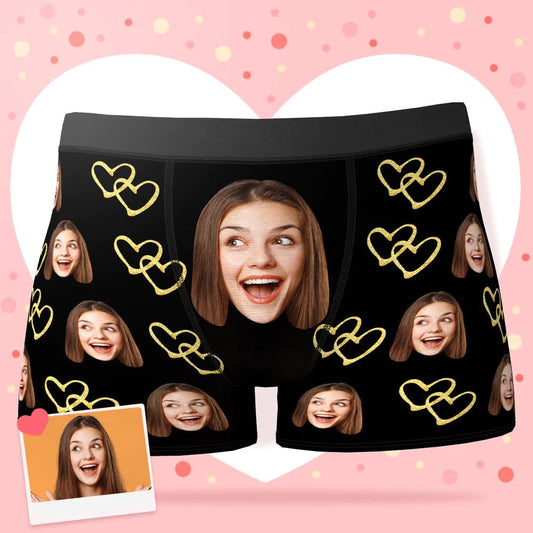 Golden Love Custom Face Boxer Shorts – personalised photo boxer shorts with a single cropped face print on soft 100% polyester fleece, ideal as a cheeky Valentine's Day gift for boyfriend