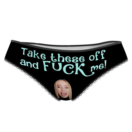 Black custom face panties laid flat displaying centred cropped face print and comfortable fit — unique personalised face gift for women